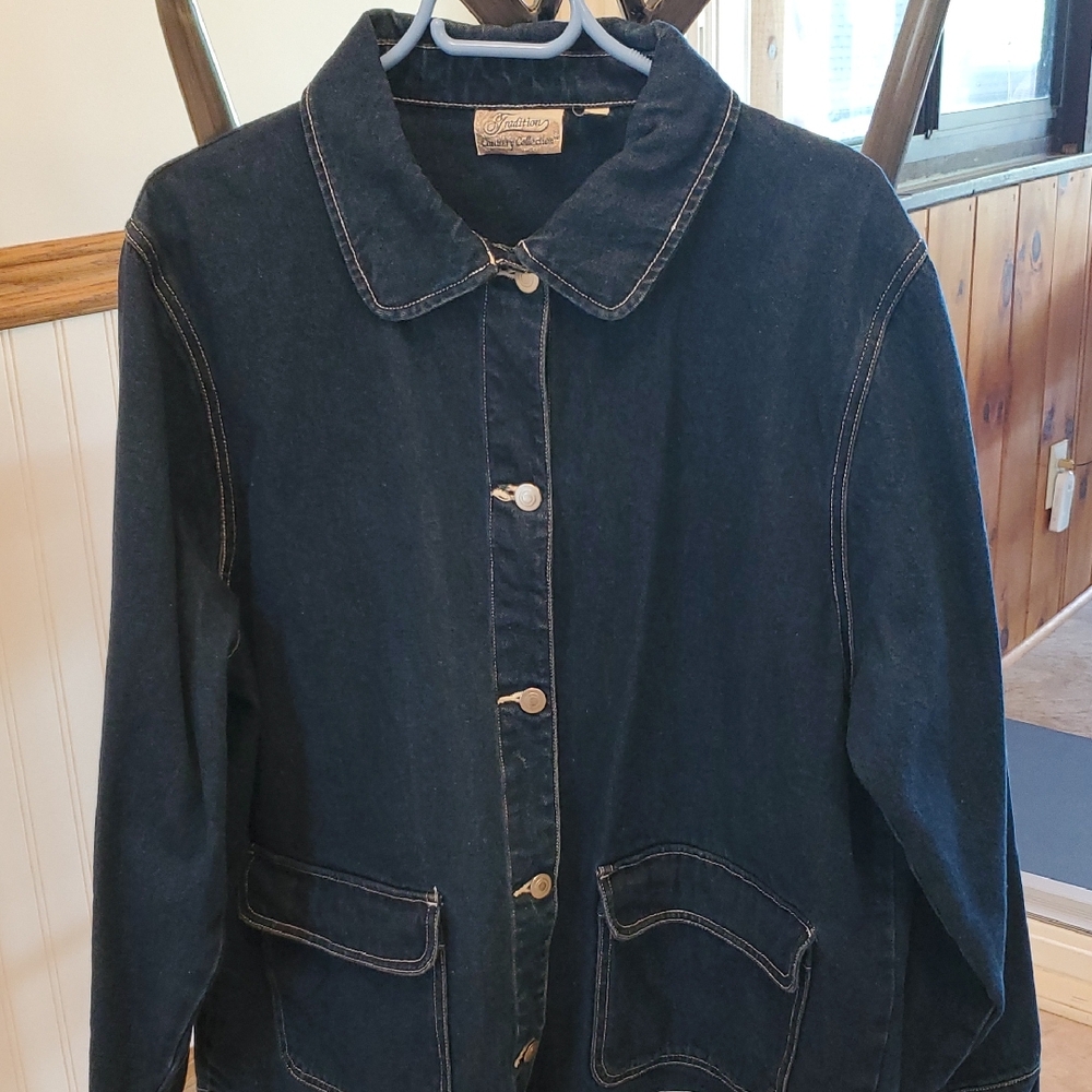 Dark Blue Denim Jacket with Contrast Stitching.